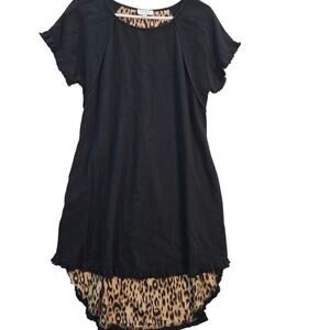 Umgee Black Cheetah Animal Print Hi Lo Fringe Short Sleeve Dress Size Medium